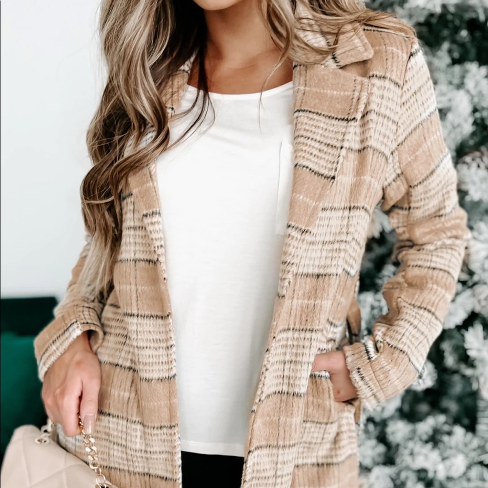 Plaid open front jacket -taupe